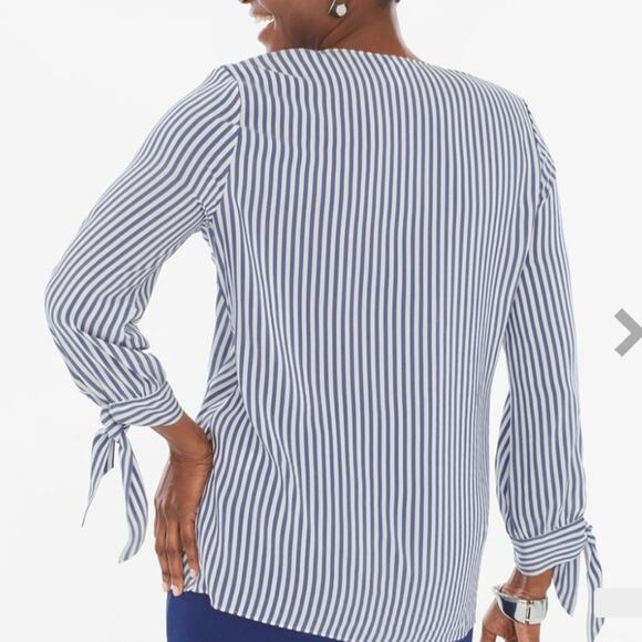 Chico's Top Womens XLP Striped Ruffle Front Tie Sleeve Blouse Career Corpcore - Picture 2 of 16